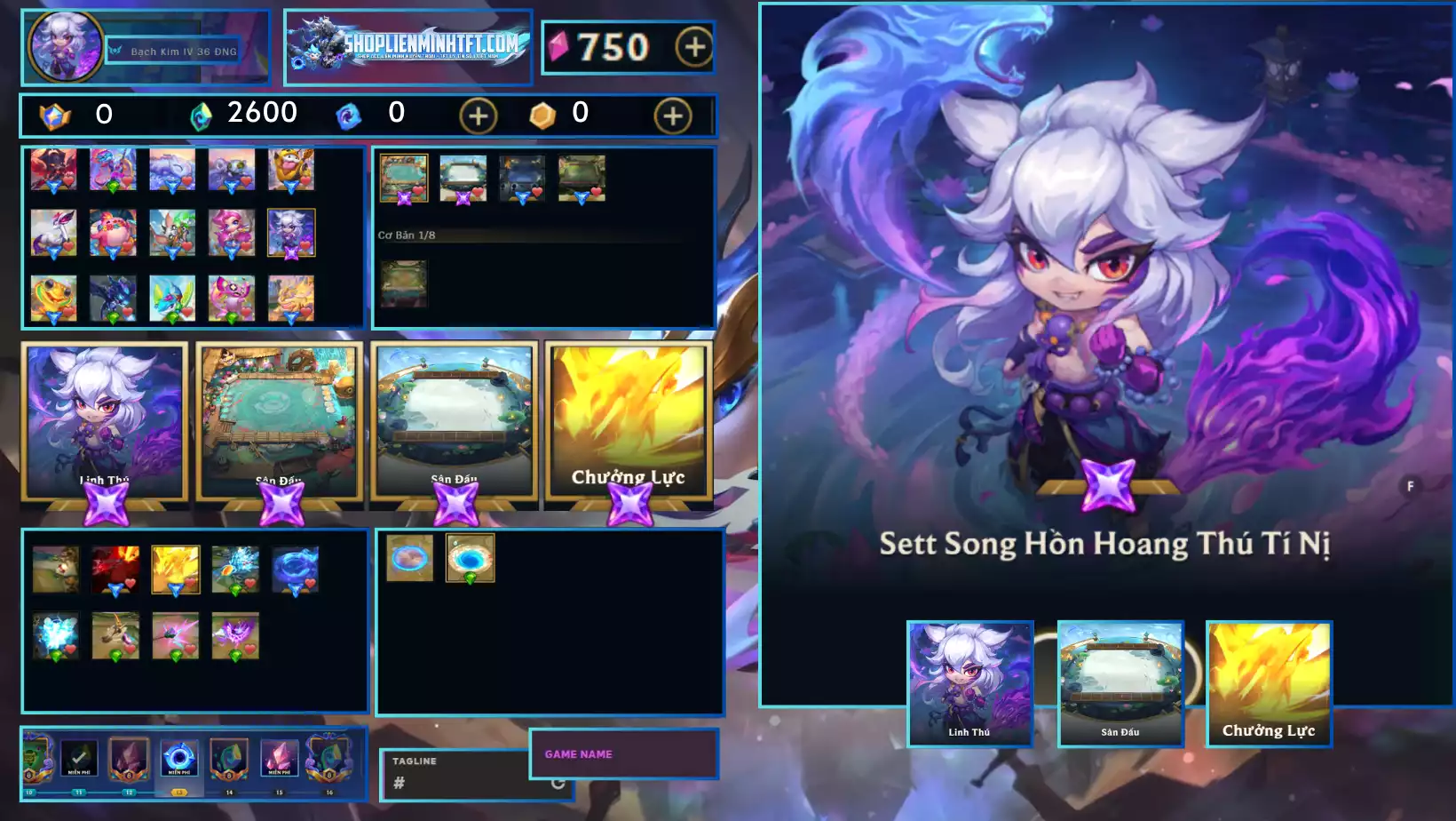 Sett Song Hồn Hoang Thú Tí Nị Kèm Chưởng - Dư 0 Huy Chương - 0 Vàng - 3 Tím - 2 Sàn Tím - Dư 2600Pha Lê - 2 Tí Nị Thường - 2 Sàn Đỏ - Chưởng Lực Như Ảnh - Rank TFT Bạch Kim